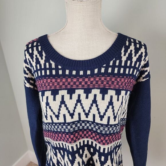 FLYING TOMATO WOMEN'S SOUTH WEST FRINGED BLUE AND CORAL SWEATER SIZE SMALL - Picture 2 of 8